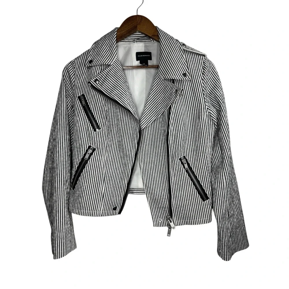 Club Monaco Moto Jacket Women's Size S/P  Full‎ Zip Lined Cropped White Striped